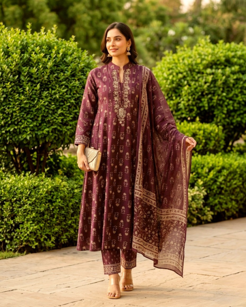 deep purple cotton handblock sangneri style anarkali kurta set with dupatta