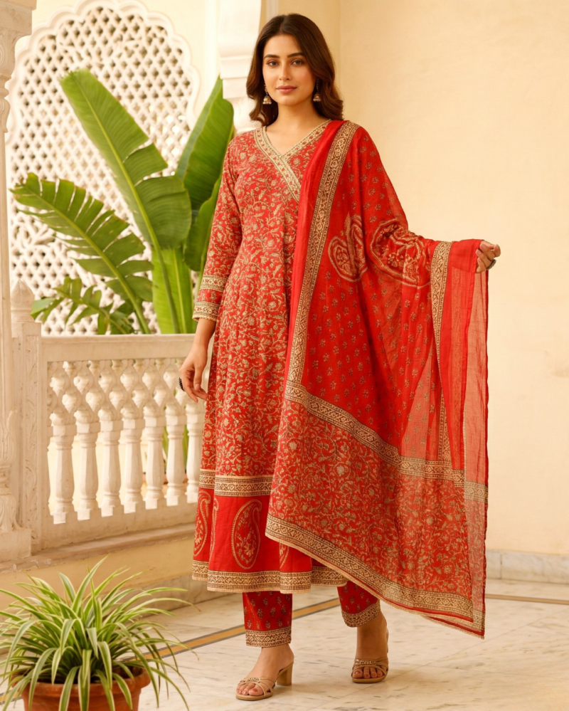 vibrant red cotton floral handblock sangneri angrakha style kurta set with dupatta