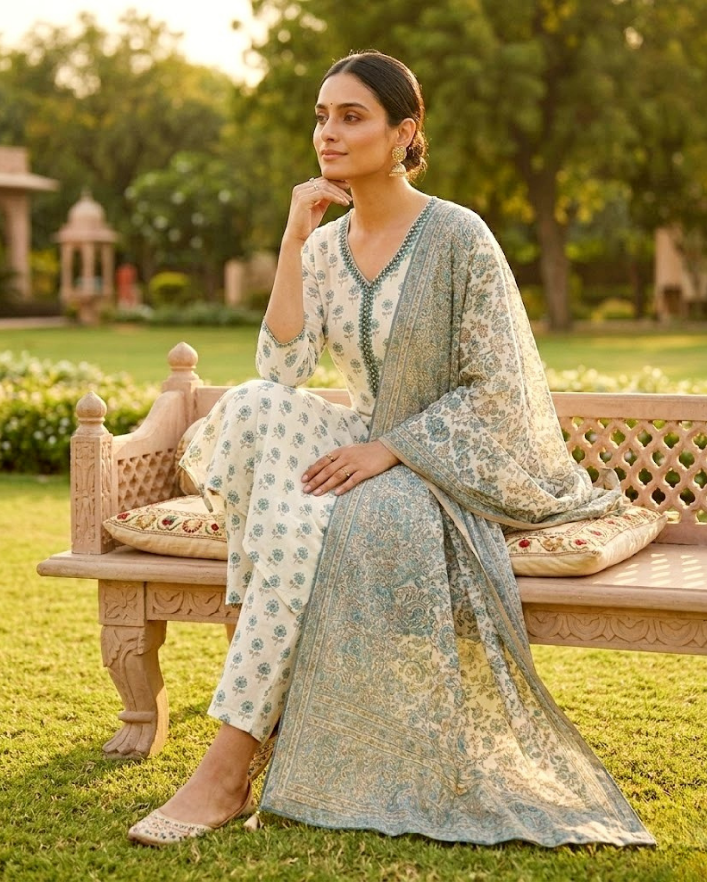 ivory cotton kurta set with teal bagru print paired with the dupatta