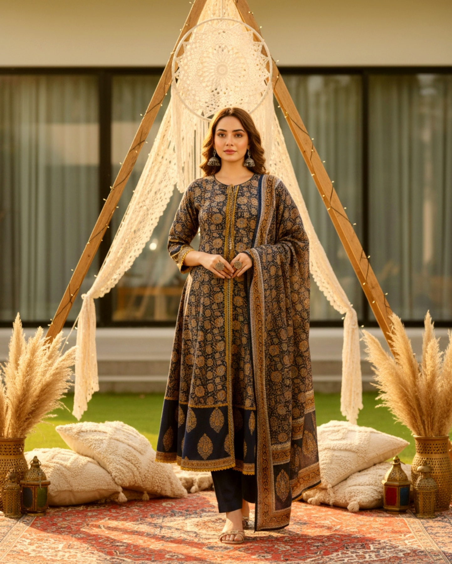 navy and mustard floral handblock sangneri cotton kurta set with lightweight dupatta