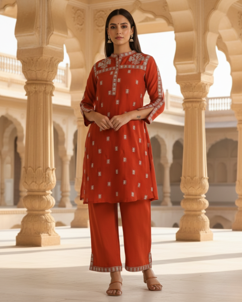 rust red golden embroidered cotton kurta pant set