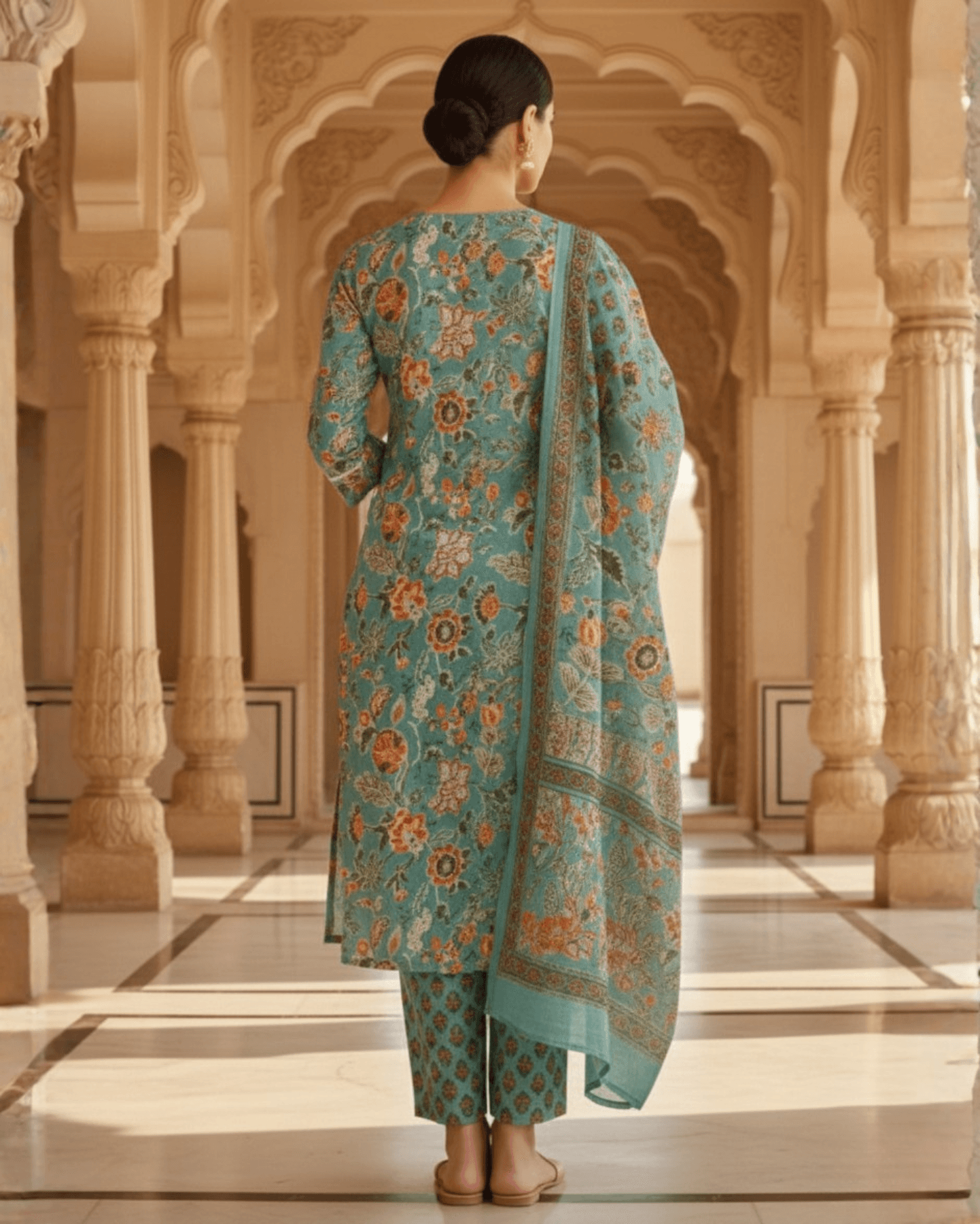 floral sea green cotton kurta with patterned straight trouser paired with dupatta