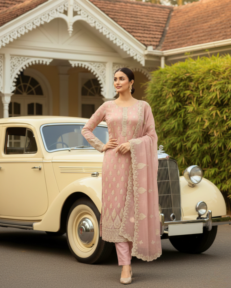 semi stitched plum purple organza suit featuring fine zari and sequin embroidery