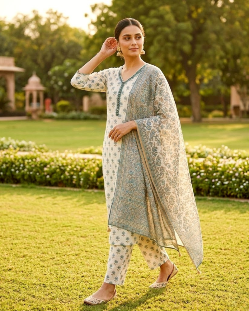 ivory cotton kurta set with teal bagru print paired with the dupatta