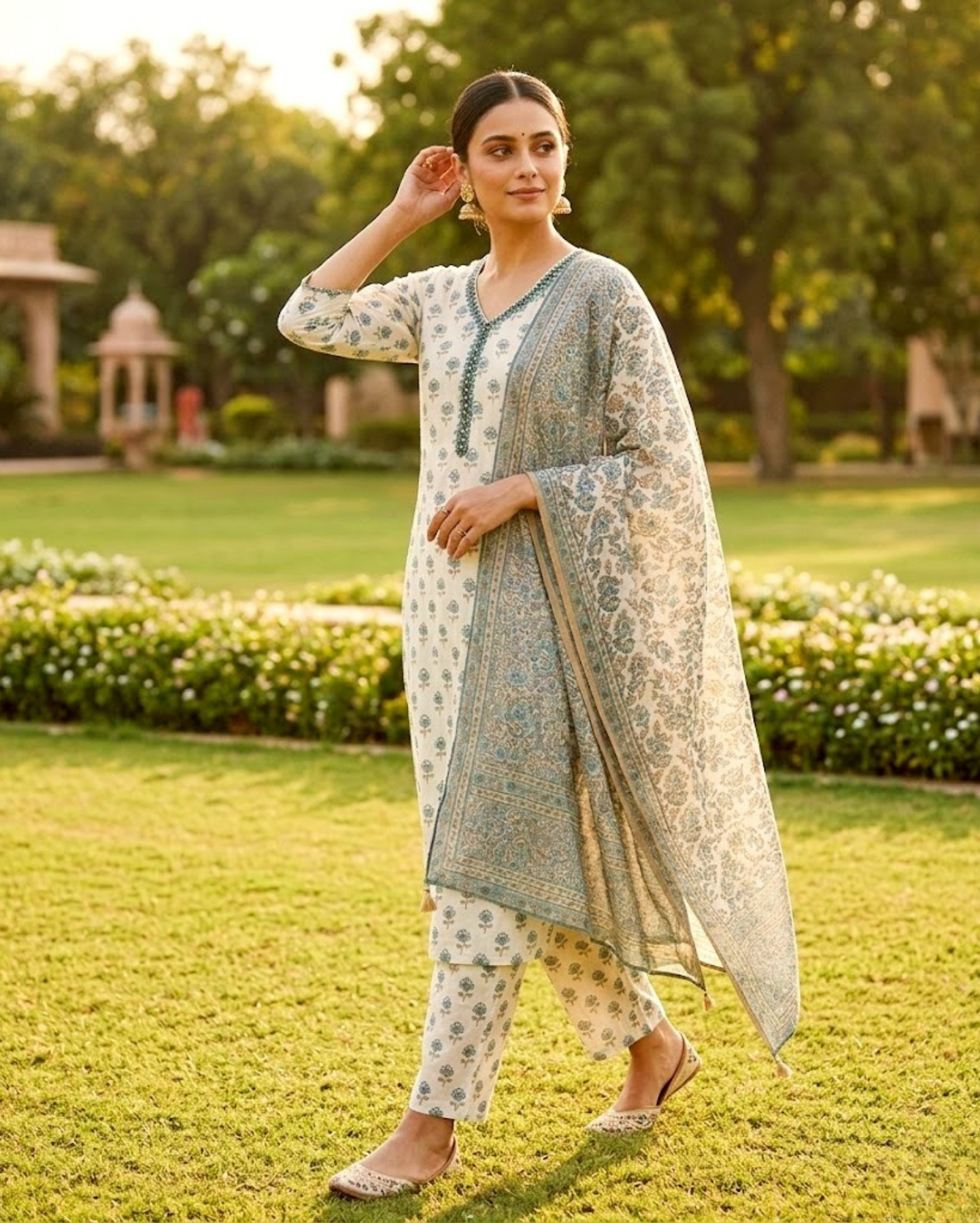 ivory cotton kurta set with teal bagru print paired with the dupatta