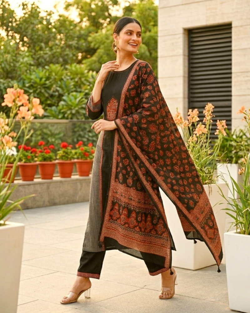 black cotton kurta set with applique work paired with coordinated dupatta