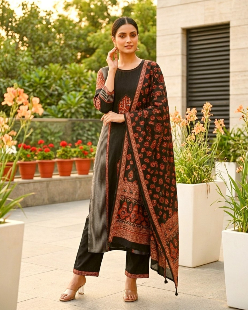 black cotton kurta set with applique work paired with coordinated dupatta