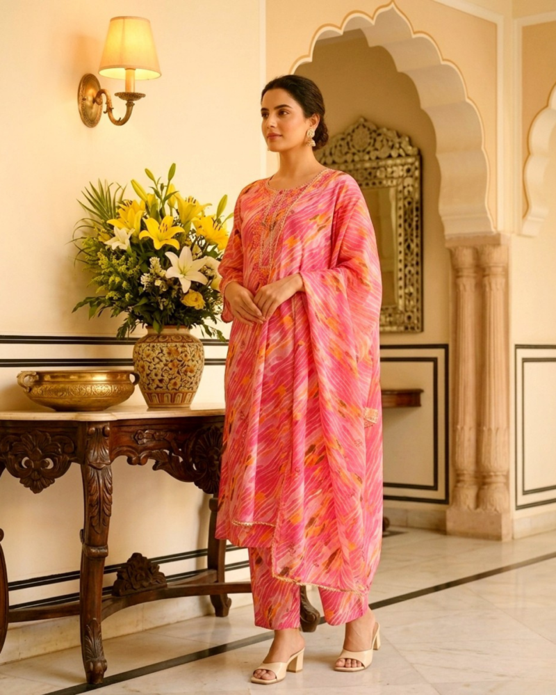 pink leheriya pattern cotton suit set with dupatta