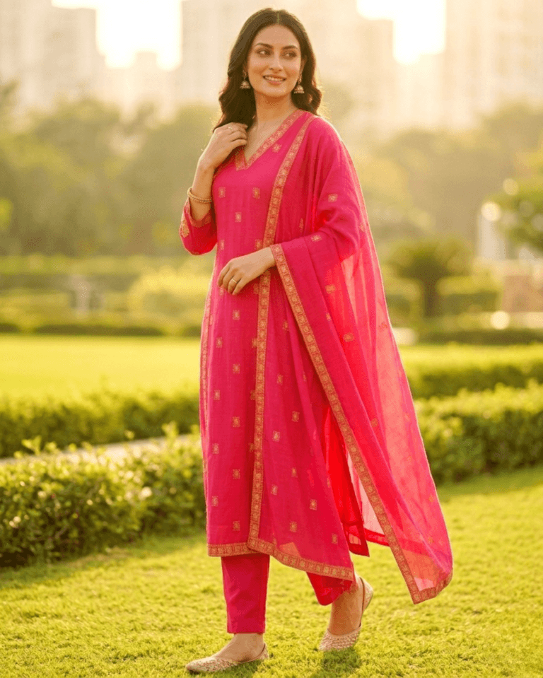 fuchsia pink cotton kurta pant set with dupatta