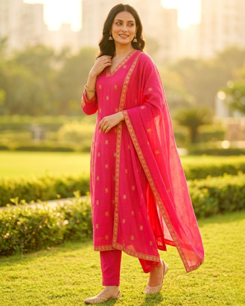 fuchsia pink cotton kurta pant set with dupatta