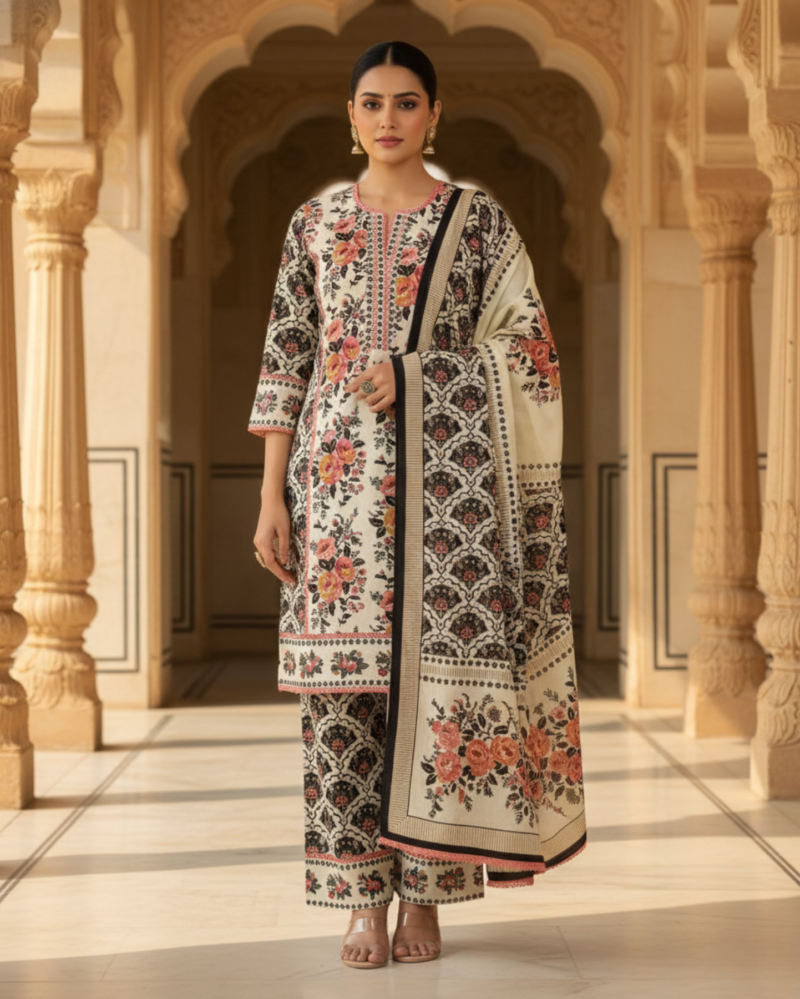coral detailed cream floral bagru printed cotton kurta set with dupatta