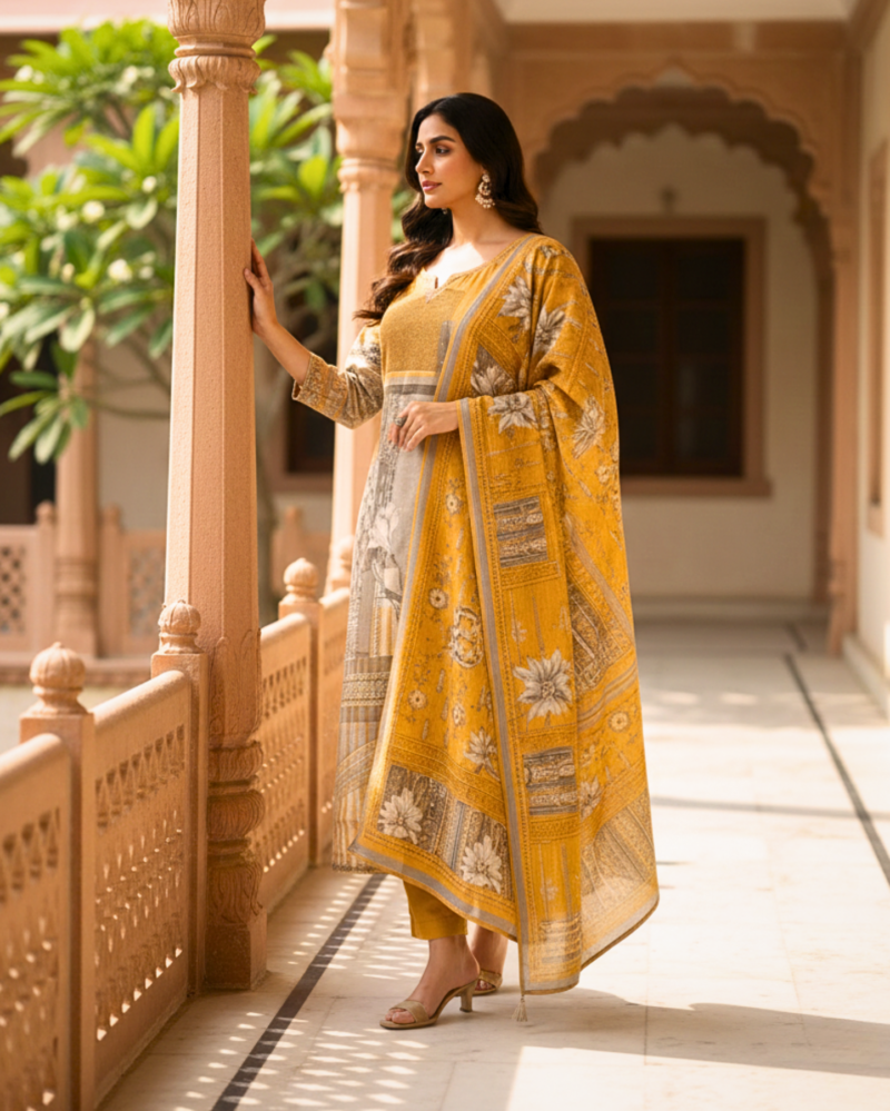semi stitched sea green soft georgette suit with ivory sequin tree motifs