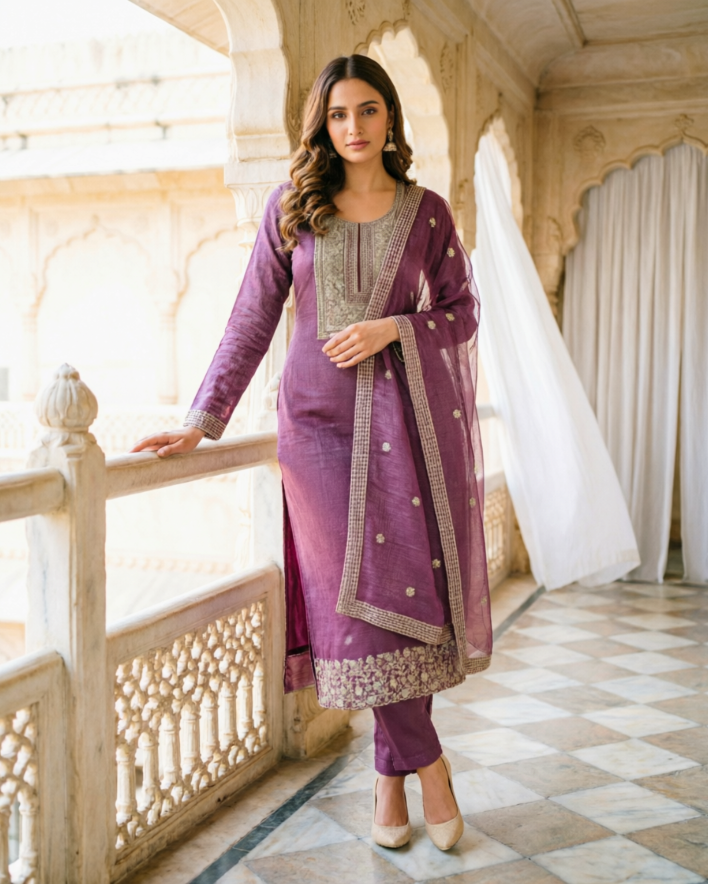 semi stitched plum purple organza suit featuring fine zari and sequin embroidery