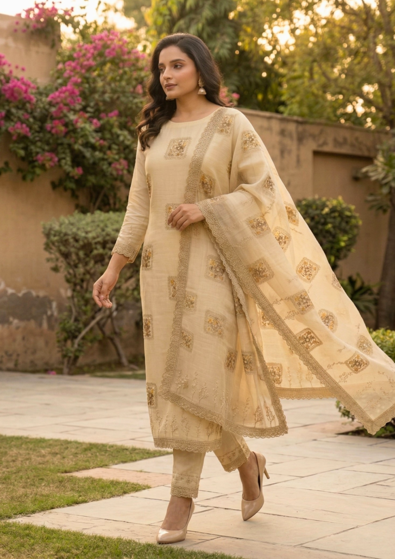 semi stitched mauve lilac chiffon suit with heavy floral sequin border detailing