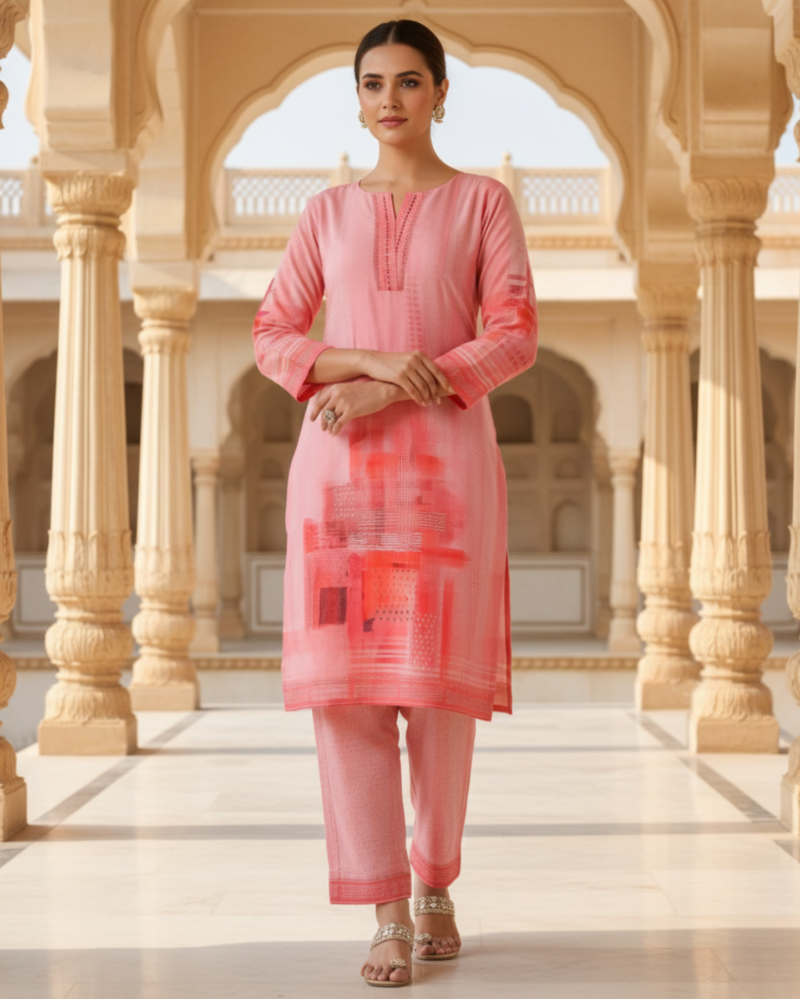 peach digital printed cotton kurta pant set