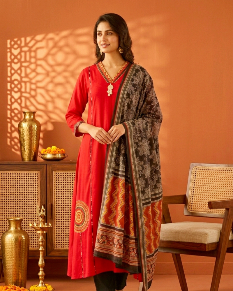 vibrant red cotton kurta set and dupatta with intricate embroidery and mirror work on the yoke and applique pocket