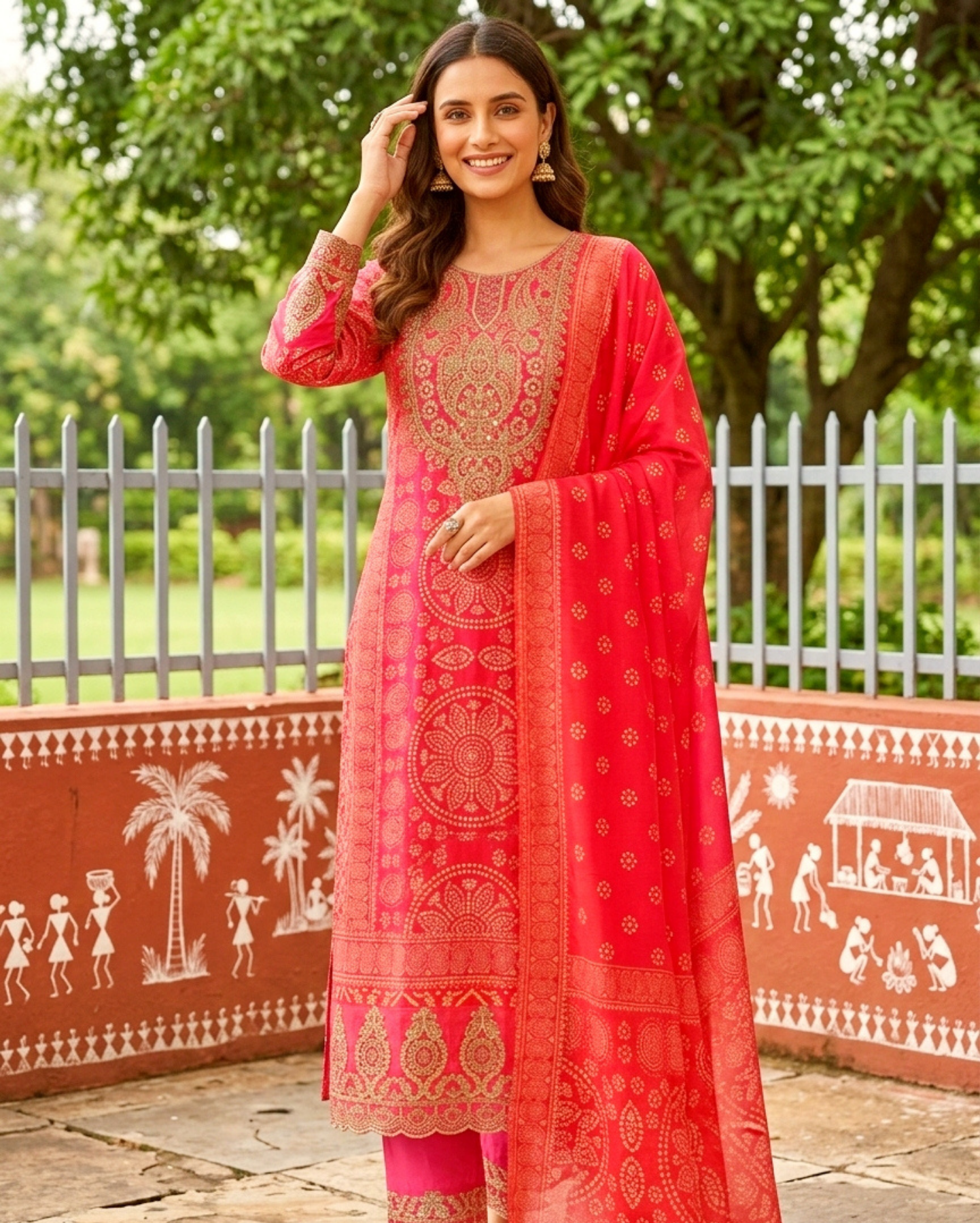 hot pink embroidered chinon bandhani kurta set with a vibrant dupatta