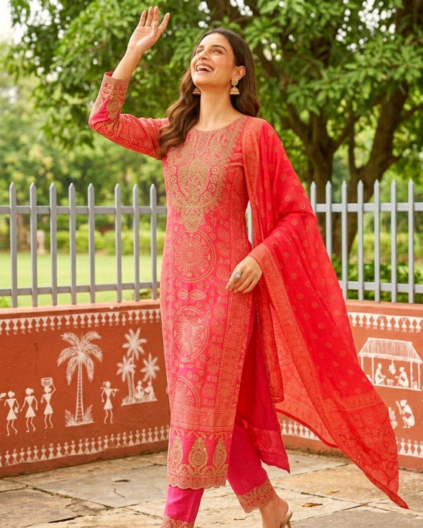 hot pink embroidered chinon bandhani kurta set with a vibrant dupatta