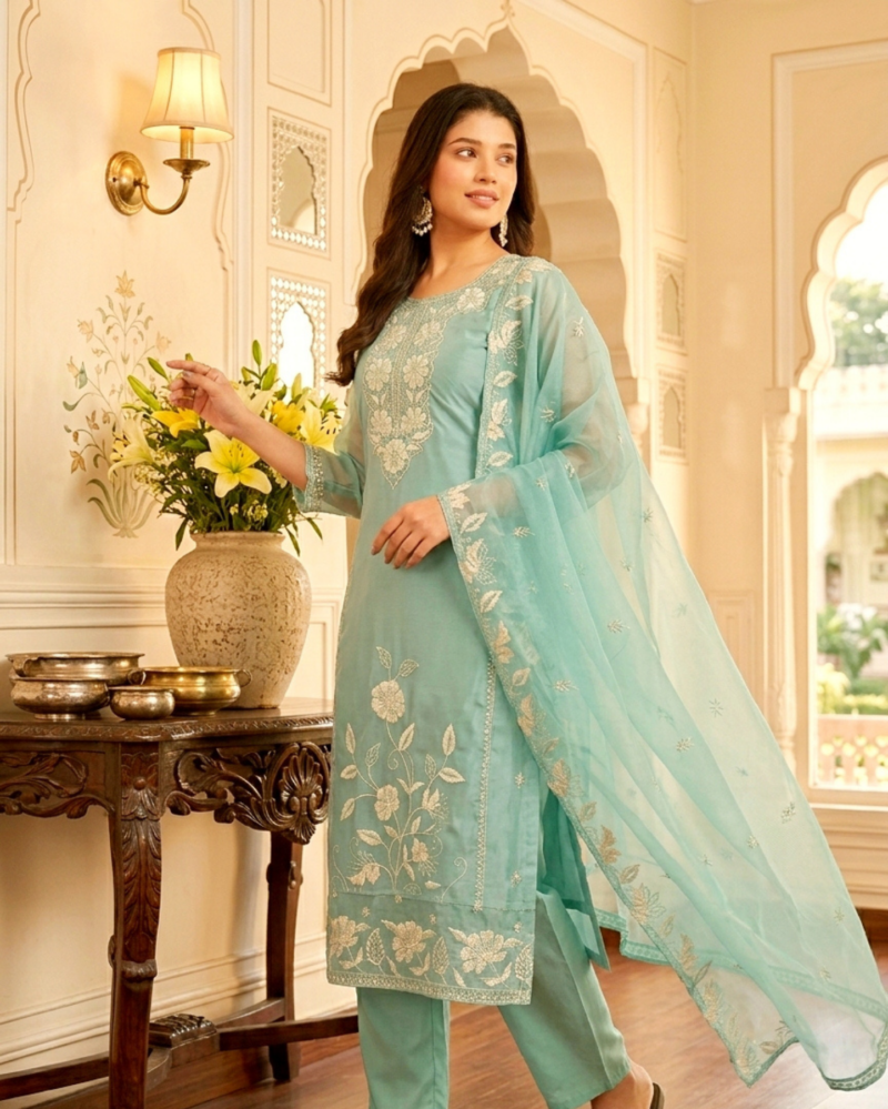 sea green glass silk embroidered kurta set with organza dupatta