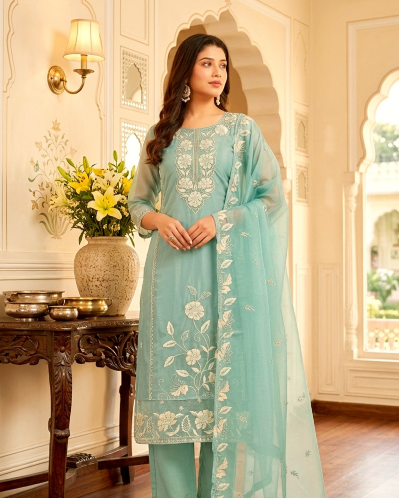 sea green glass silk embroidered kurta set with organza dupatta