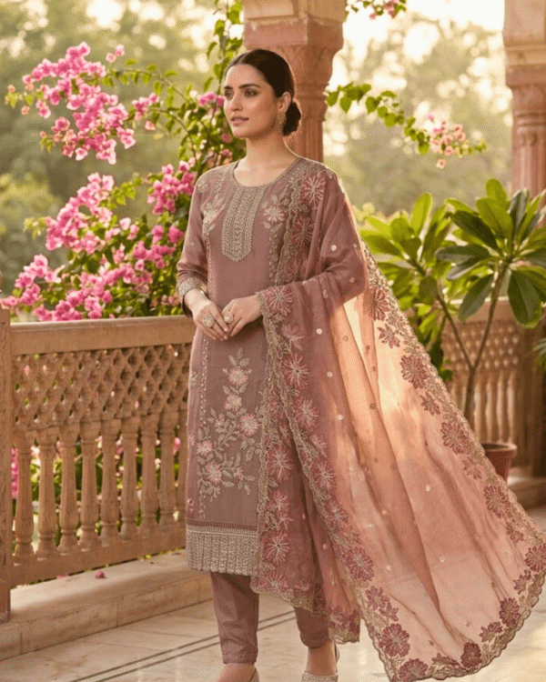 semi stitched champagne brown shimmer organza with multicoloured thread embroidery suit material