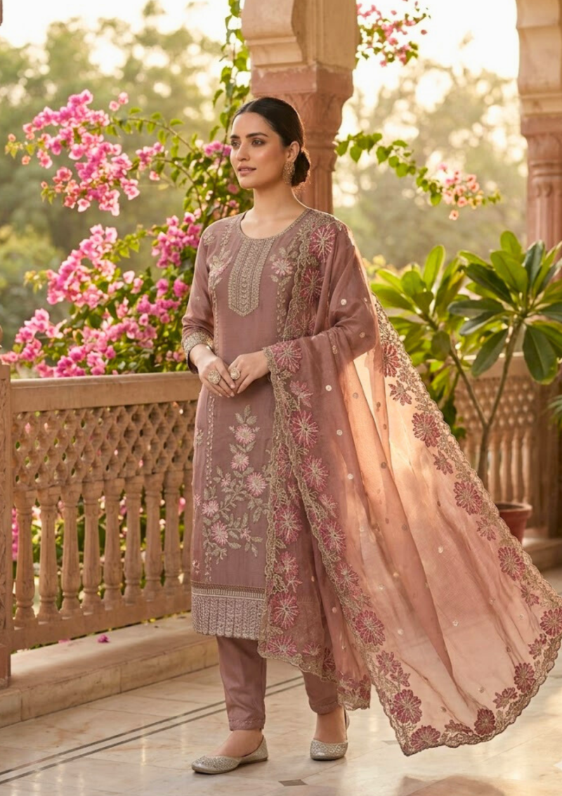 semi stitched champagne brown shimmer organza with multicoloured thread embroidery suit material