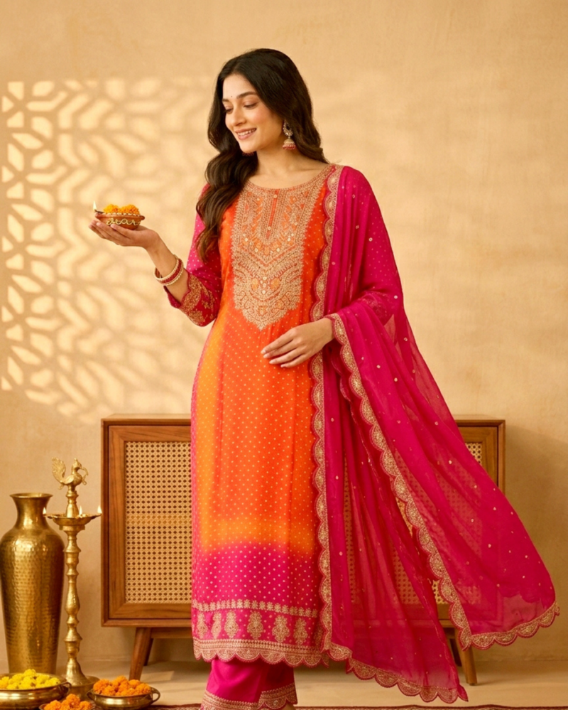 orange chinon bandhani kurta set with intricate embroidery paired with fuchsia pink dupatta