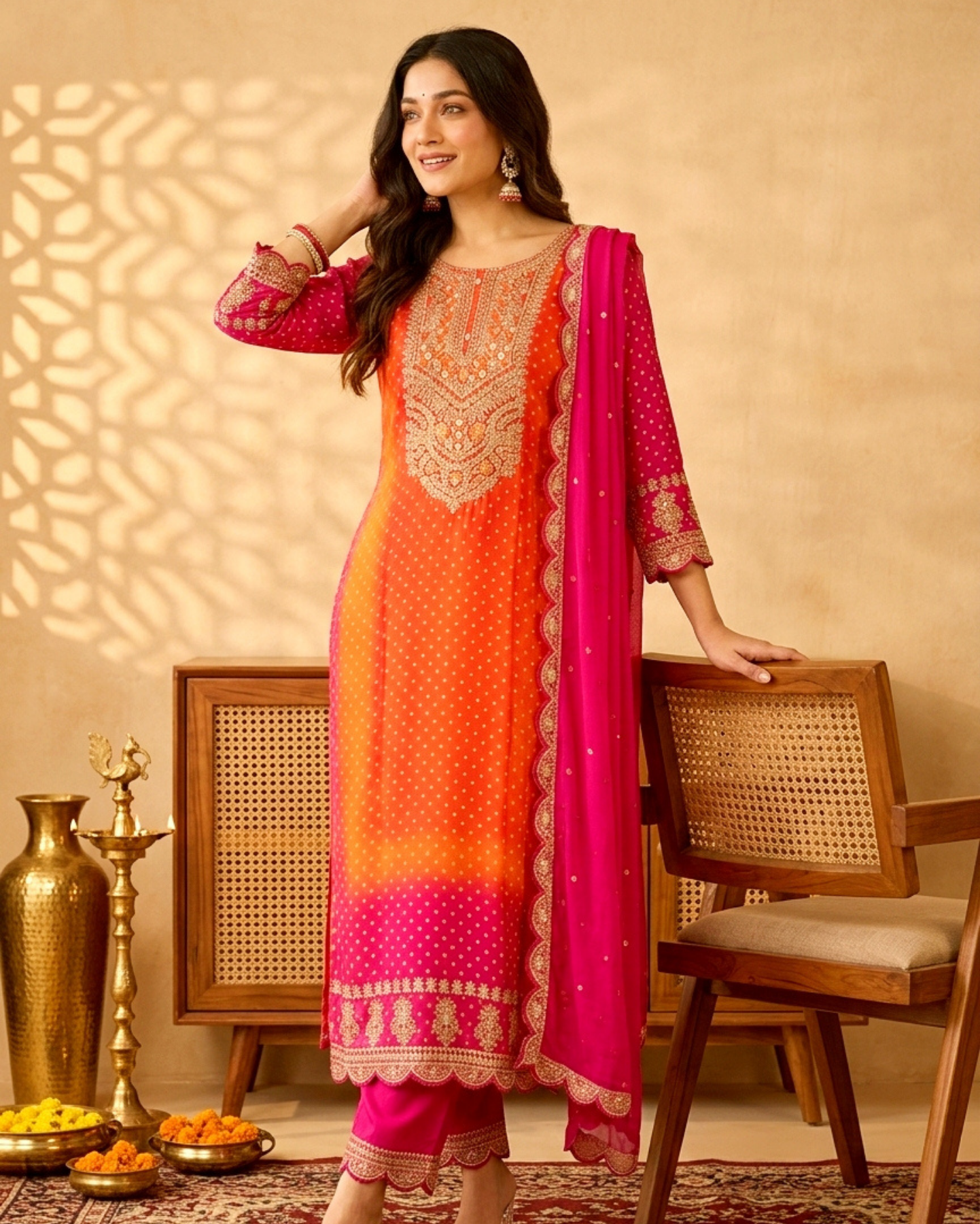orange chinon bandhani kurta set with intricate embroidery paired with fuchsia pink dupatta