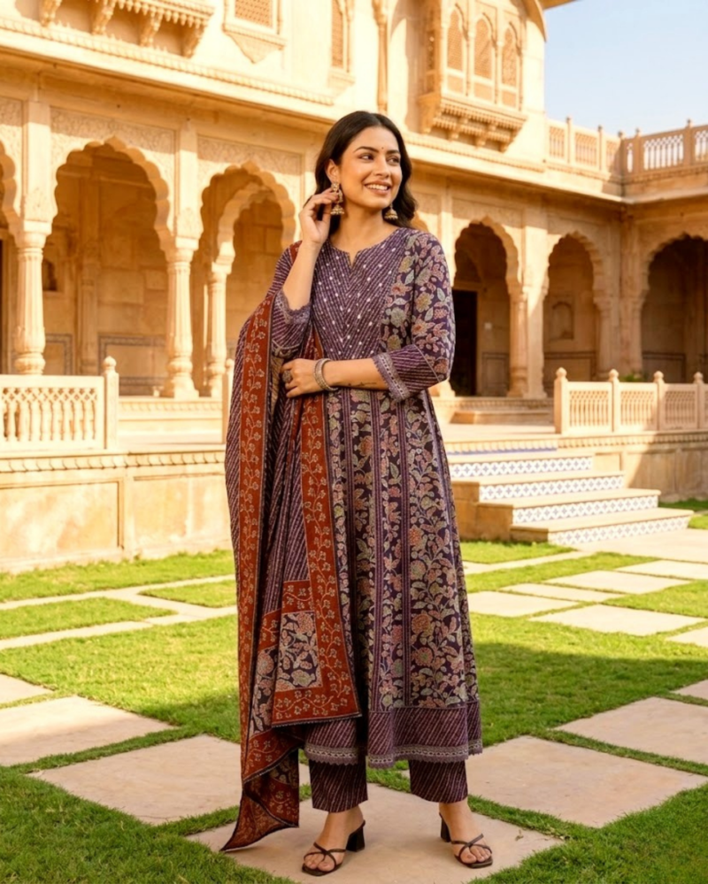 purple floral sangneri printed cotton flared suit set with dupatta