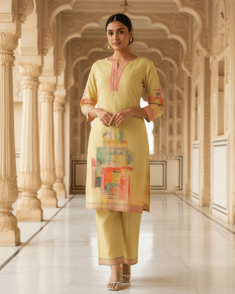 yellow digital printed cotton kurta pant set