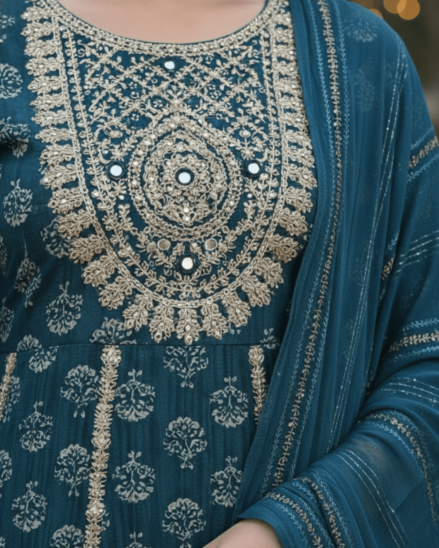 teal floral cotton kurta set with printed straight trousers with dupatta