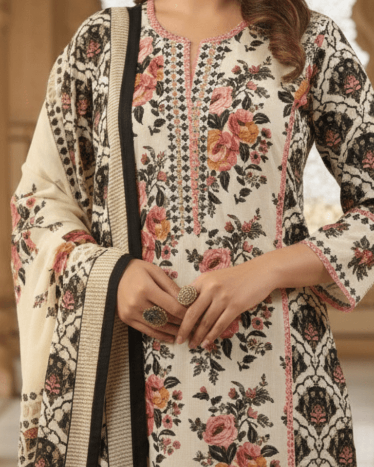 coral detailed cream floral bagru printed cotton kurta set with dupatta