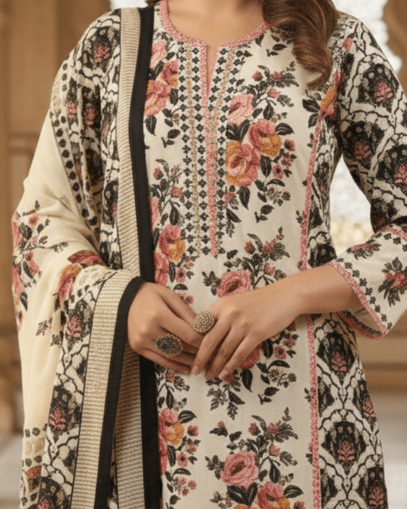 coral detailed cream floral bagru printed cotton kurta set with dupatta