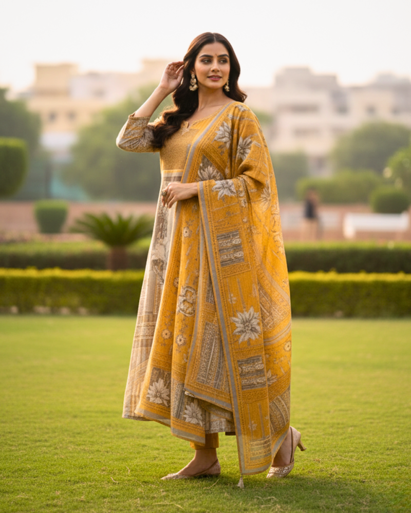 semi stitched sea green soft georgette suit with ivory sequin tree motifs