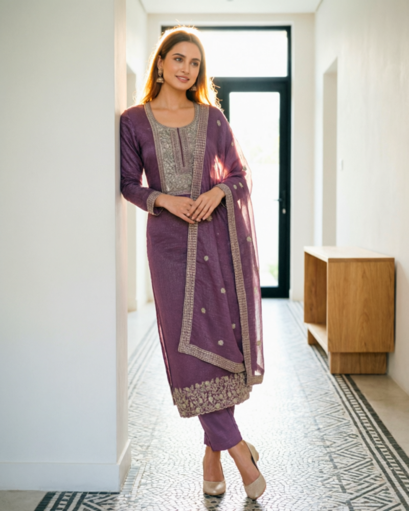 semi stitched plum purple organza suit featuring fine zari and sequin embroidery