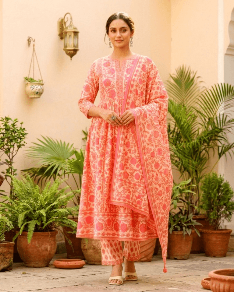 coral pink floral cotton kurta pant set with dupatta