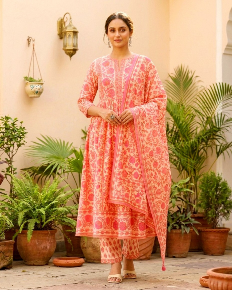 coral pink floral cotton kurta pant set with dupatta