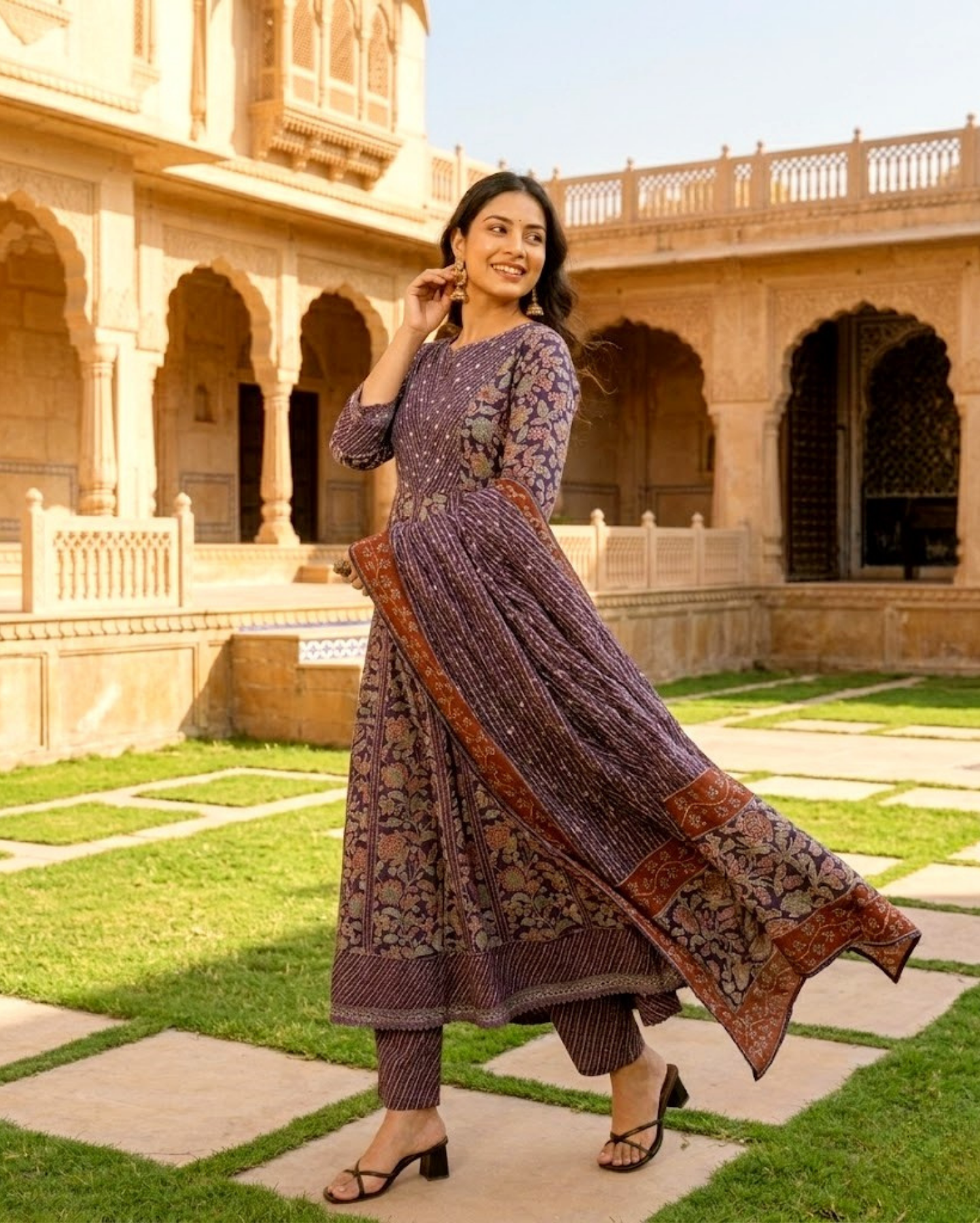 purple floral sangneri printed cotton flared suit set with dupatta