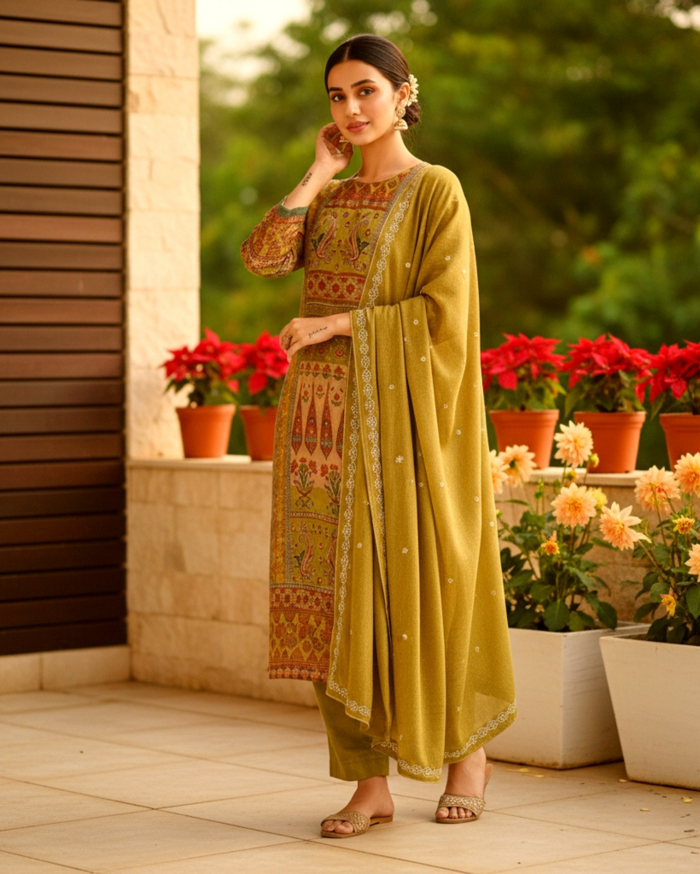 mustard olive green digital print cotton blend suit with pant and a chiffon dupatta