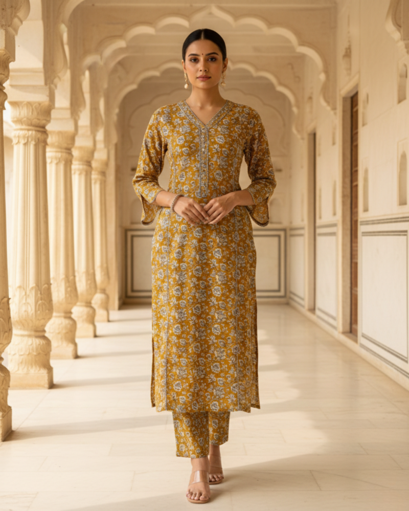 mustard cotton floral printed kurta