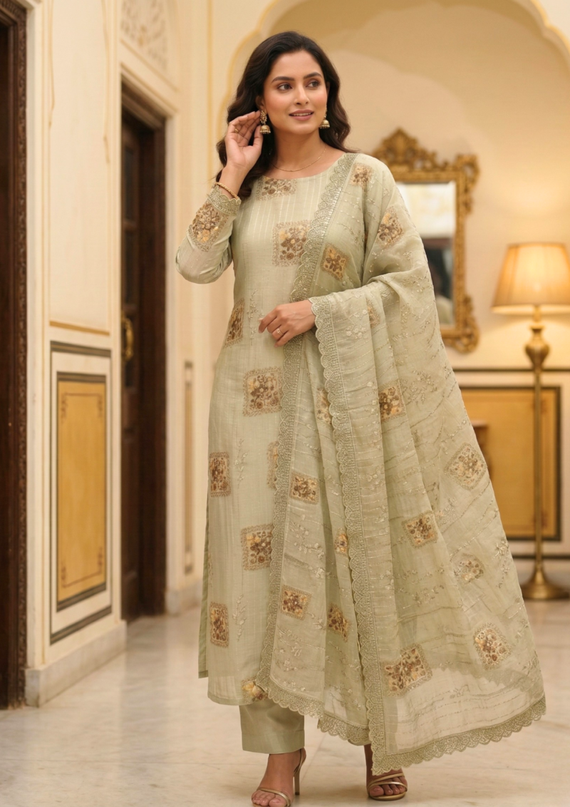 semi stitched mauve lilac chiffon suit with heavy floral sequin border detailing