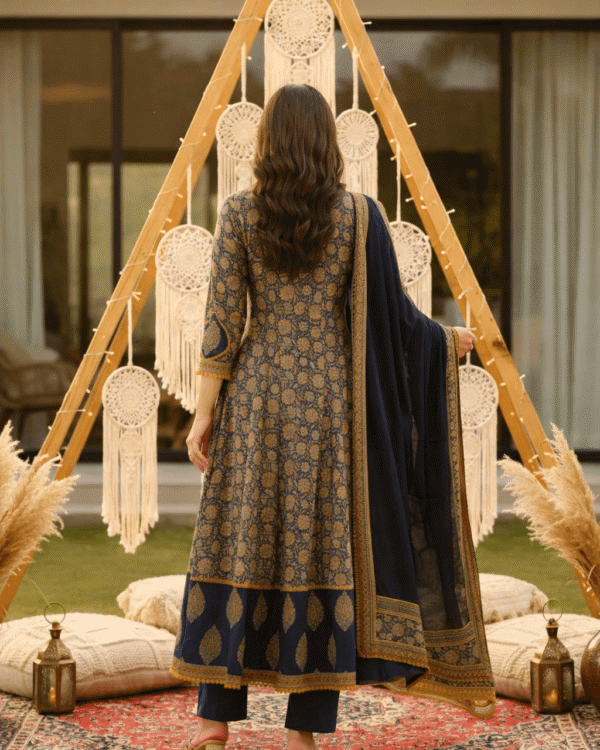 navy and mustard floral handblock sangneri cotton kurta set with lightweight dupatta