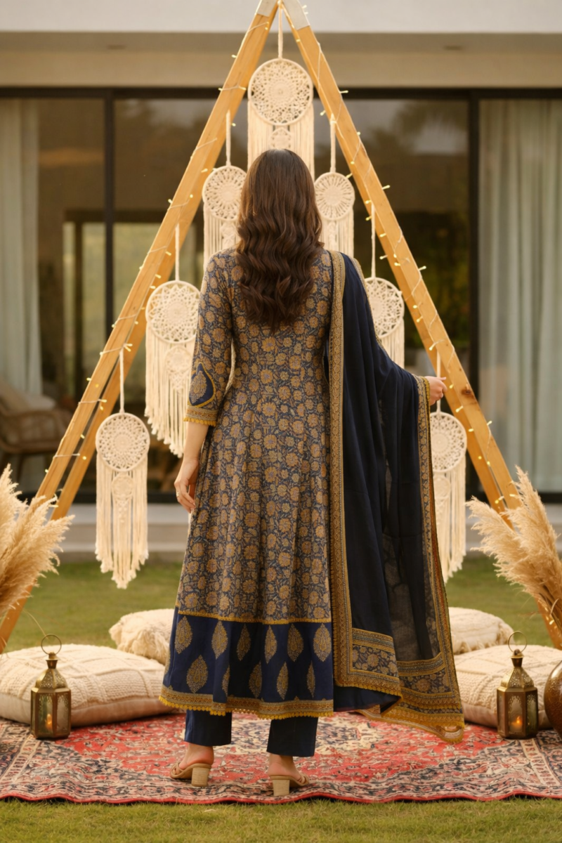 navy and mustard floral handblock sangneri cotton kurta set with lightweight dupatta