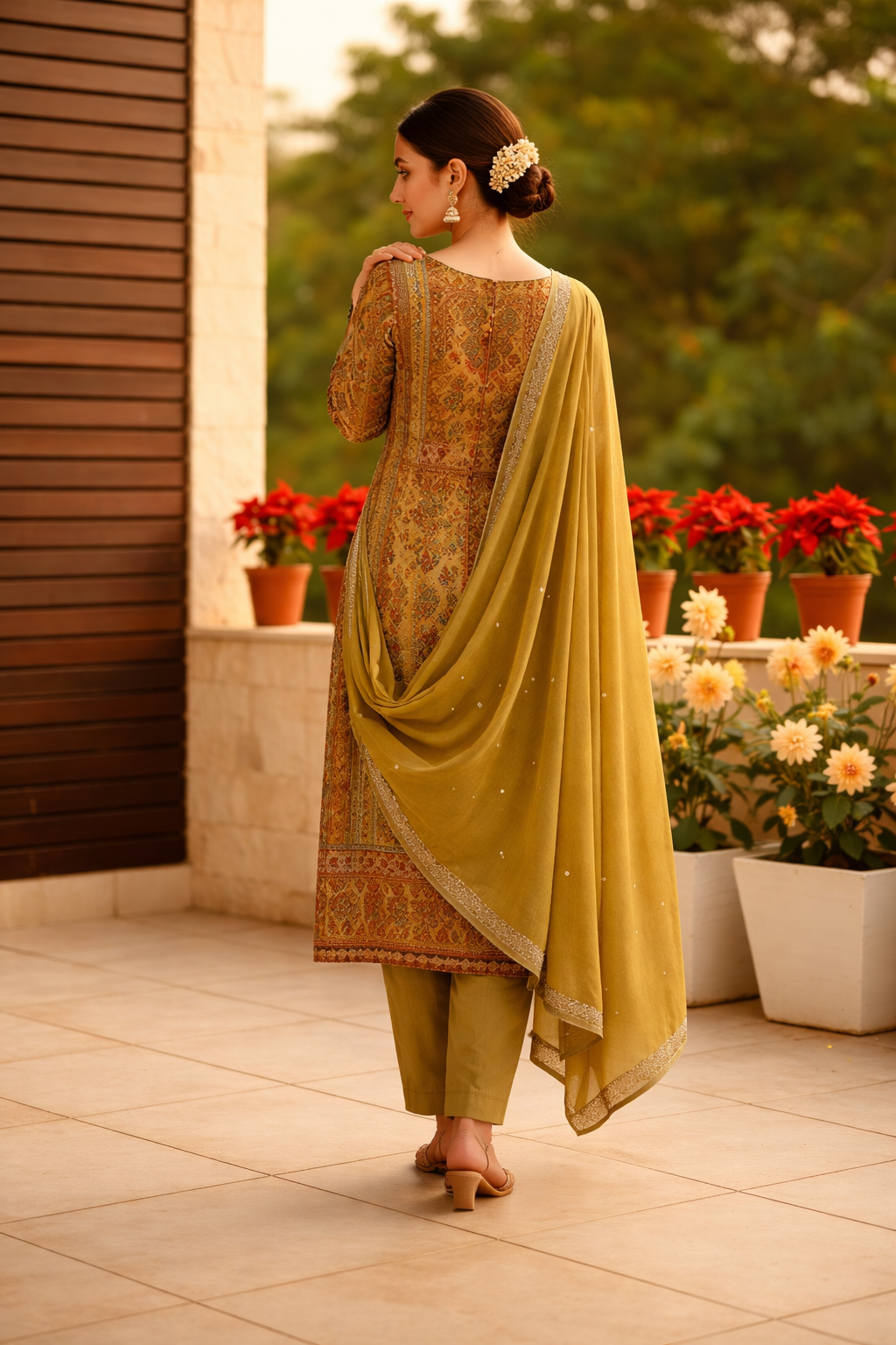 mustard olive green digital print cotton blend suit with pant and a chiffon dupatta