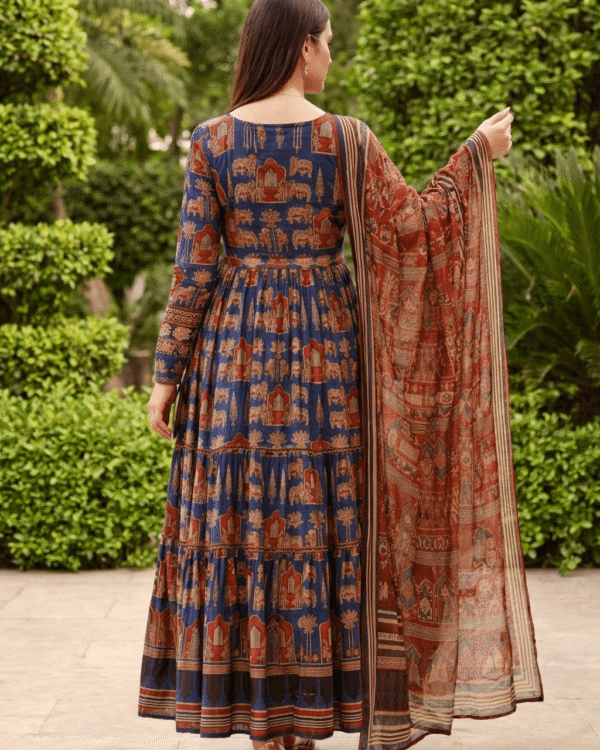 indigo blue & rust red anarkali ajrakh cotton kurta set paired with dupatta