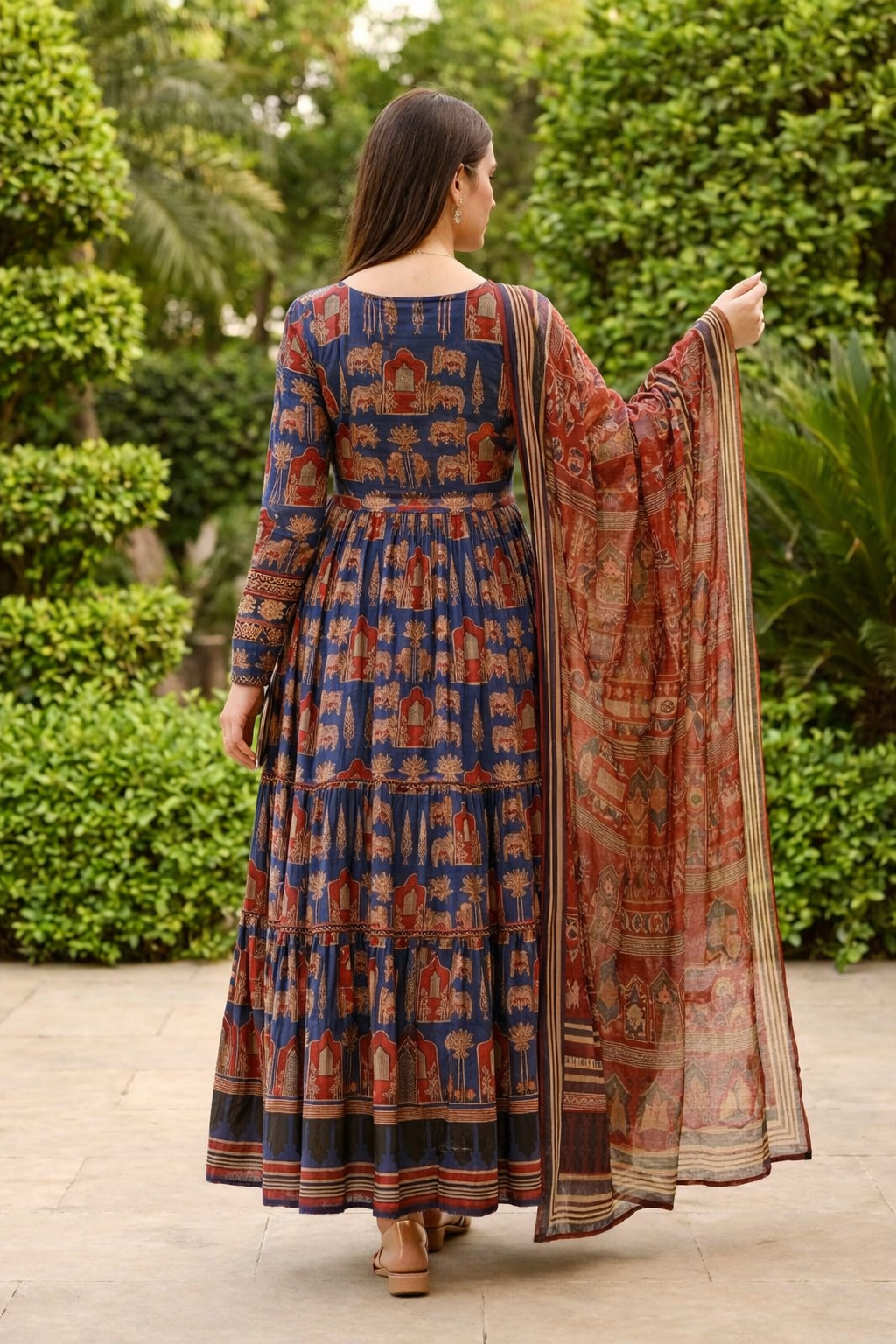 indigo blue & rust red anarkali ajrakh cotton kurta set paired with dupatta