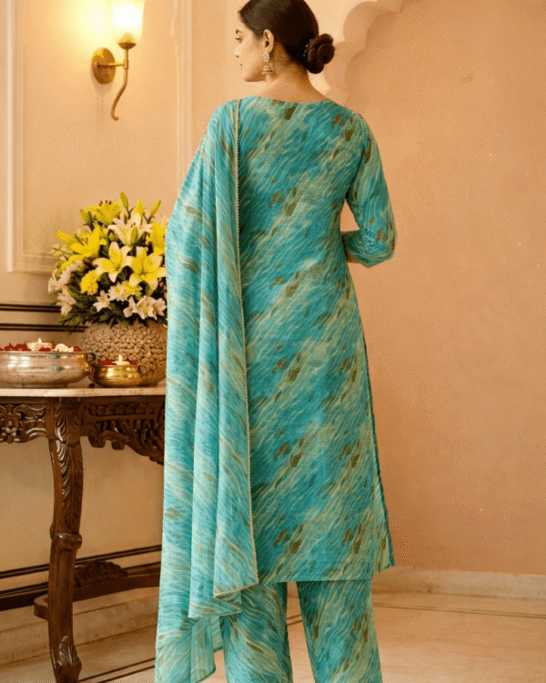 teal blue leheriya pattern cotton suit set with dupatta