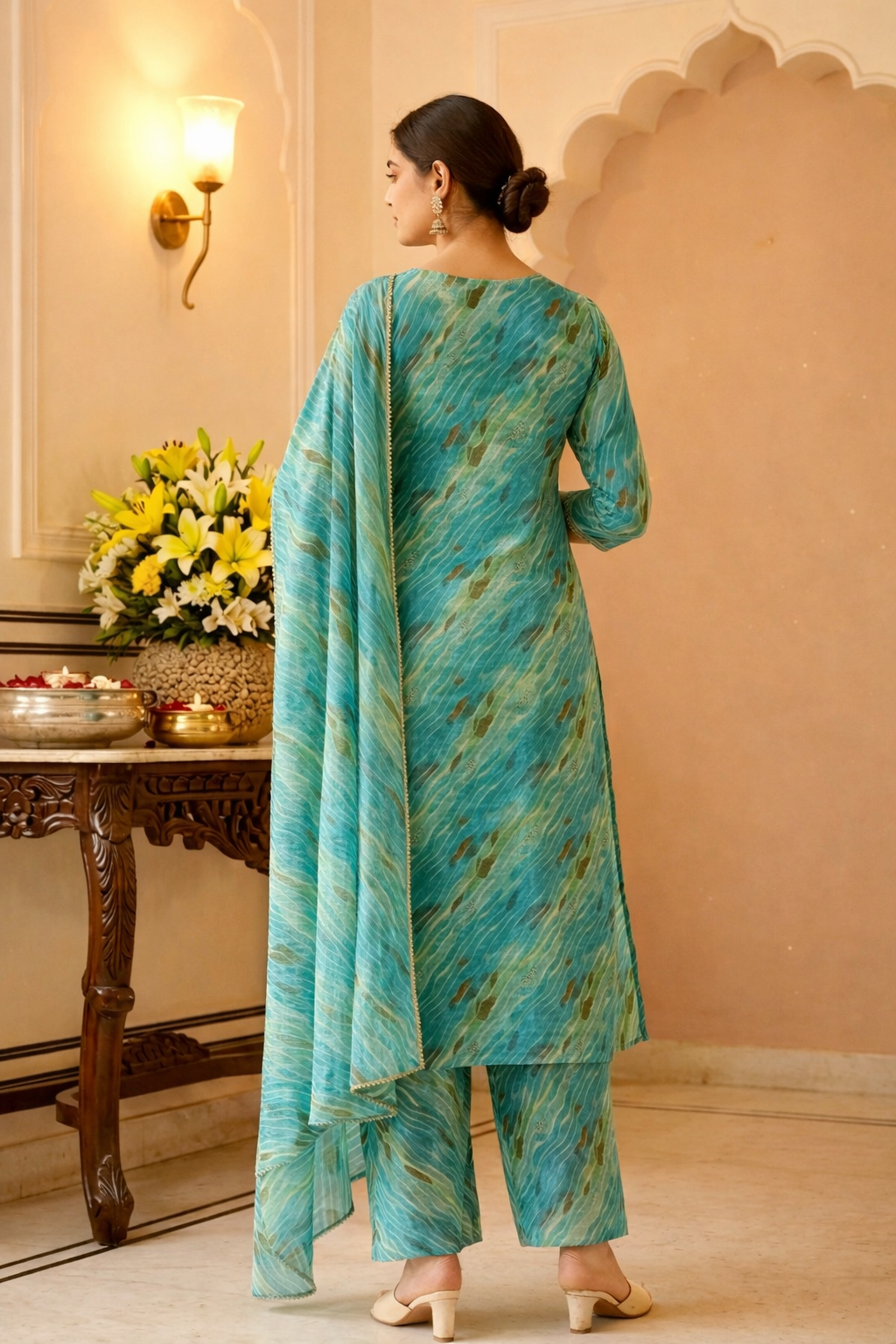 teal blue leheriya pattern cotton suit set with dupatta