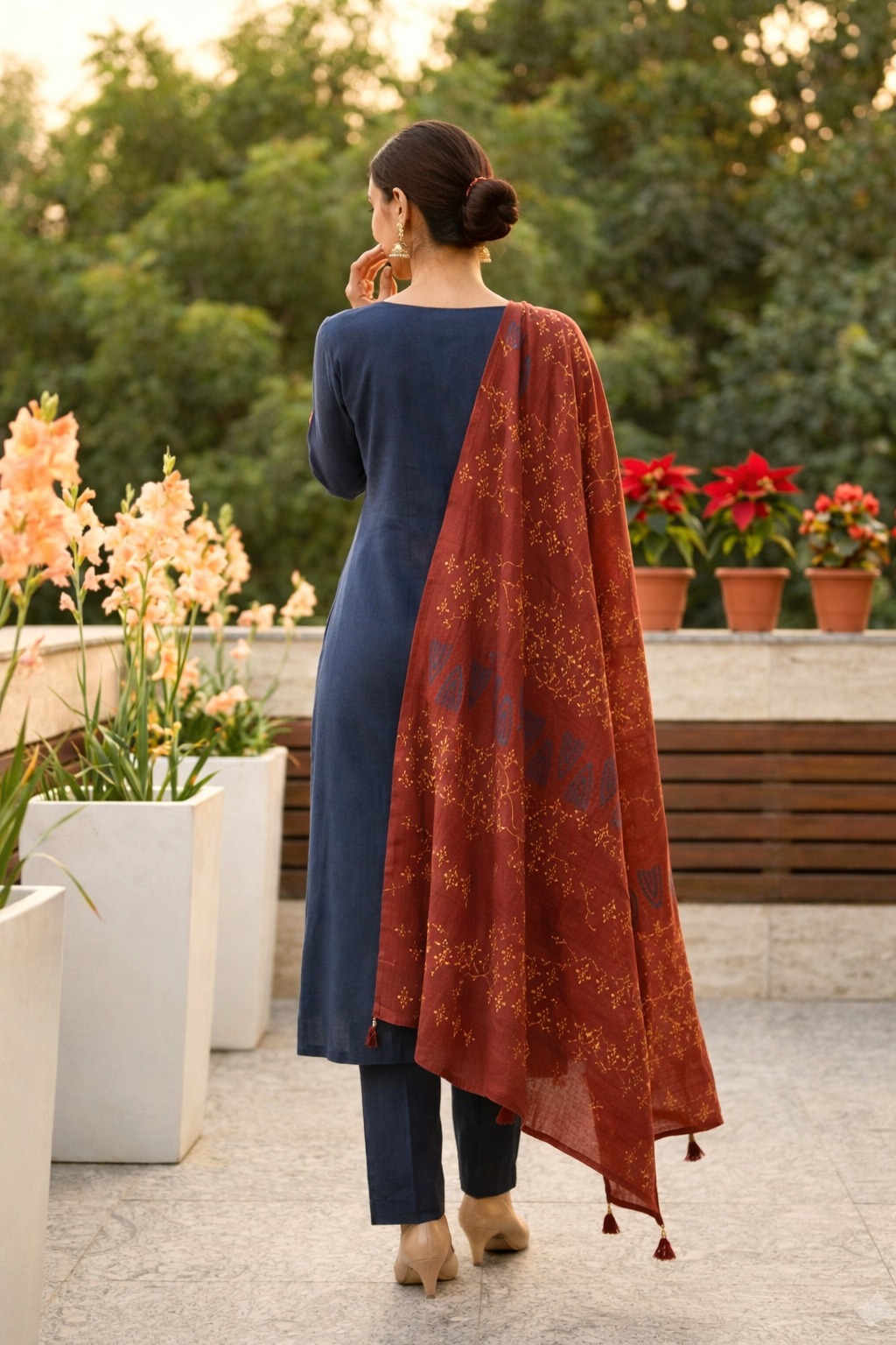 navy blue cotton katha kurta with applique yoke and trousers paired with bagru print dupatta