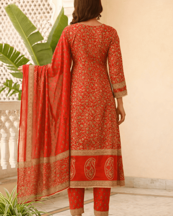 vibrant red cotton floral handblock sangneri angrakha style kurta set with dupatta